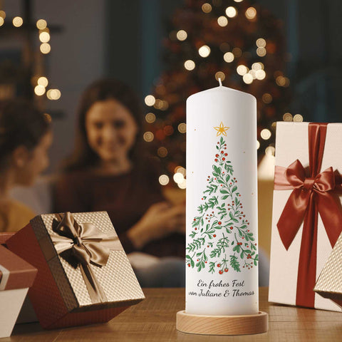 Große Kerze "Tannenbaum" bedruckt mit Namen & Wunschtext zu Weihnachten