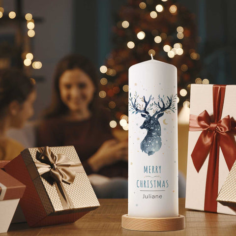 Große Kerze "Rentier" bedruckt mit Namen zu Weihnachten