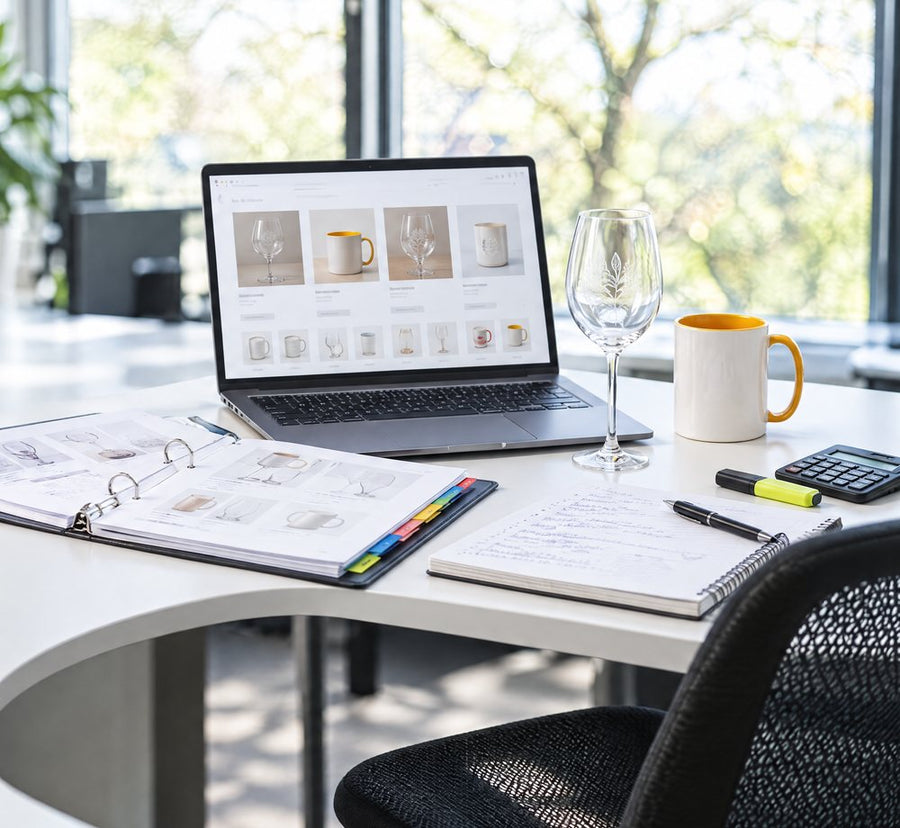 Arbeitsplatz in der Ausbildung: Laptop mit Produktseite, Ordner, Notizblock, Taschenrechner, ein graviertes Weinglas und eine Tasse. Mit KI erstellt.
