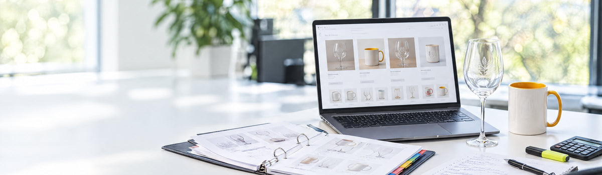Arbeitsplatz in der Ausbildung: Laptop mit Produktseite, Ordner, Notizblock, Taschenrechner, ein graviertes Weinglas und eine Tasse. Mit KI erstellt.