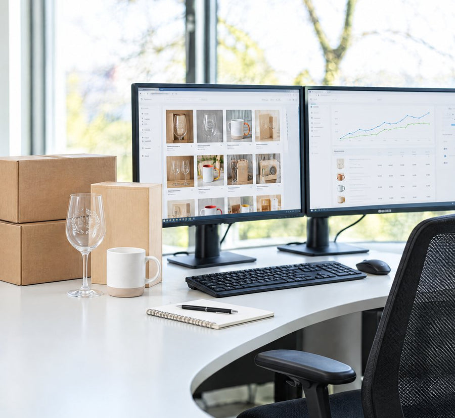 Arbeitsplatz im E-Commerce: zwei Bildschirme mit Produktliste und Verkaufskurve, daneben Versandkartons, eine Holzkiste, ein graviertes Weinglas und eine Tasse. Mit KI erstellt.