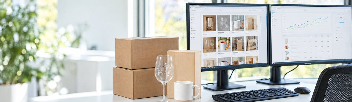 Arbeitsplatz im E-Commerce: zwei Bildschirme mit Produktliste und Verkaufskurve, daneben Versandkartons, eine Holzkiste, ein graviertes Weinglas und eine Tasse. Mit KI erstellt.