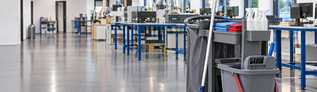 Reinigungswagen mit Wischmopp, Eimer und Tüchern in der aufgeräumten Produktionshalle. Mit KI erstellt.