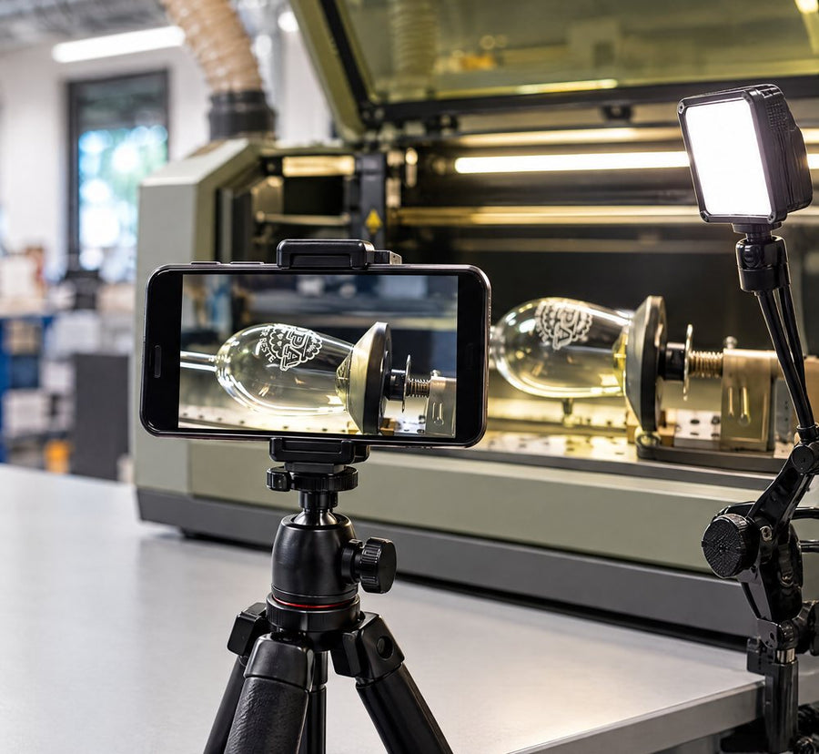 Ein Smartphone auf einem kleinen Stativ filmt ein graviertes Weinglas im Lasergerät. Mit KI erstellt.
