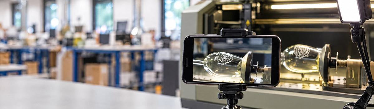 Ein Smartphone auf einem kleinen Stativ filmt ein graviertes Weinglas im Lasergerät. Mit KI erstellt.