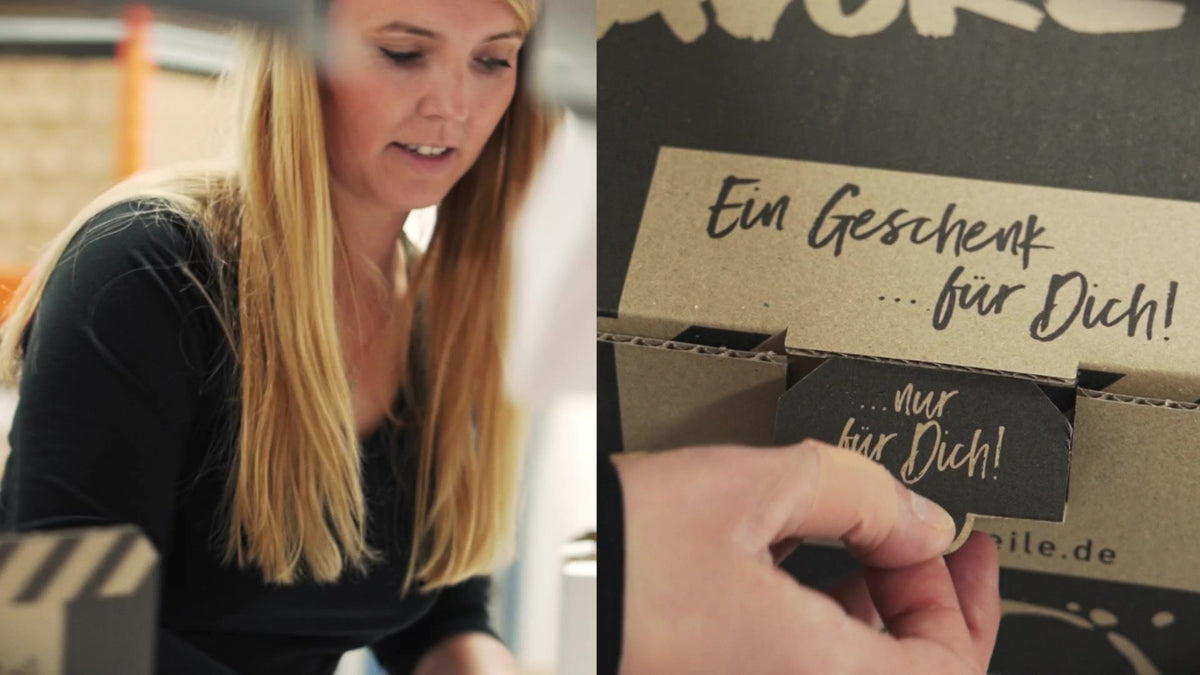 Standbild aus dem Firmenvideo von November 2021: Verpacken im GRAVURZEILE-Karton
