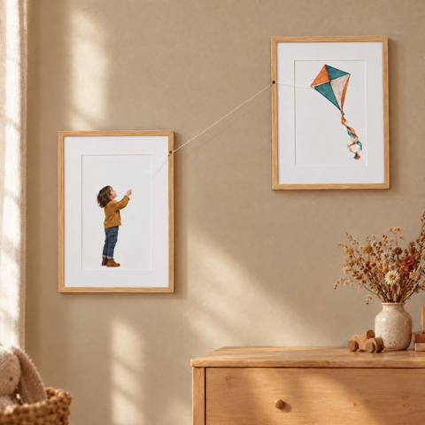 Fadenbild Drachen personalisiert mit Kinderfoto, Rahmen Eiche