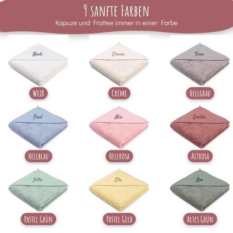 Kapuzenhandtuch mit Namen in 9 Farben