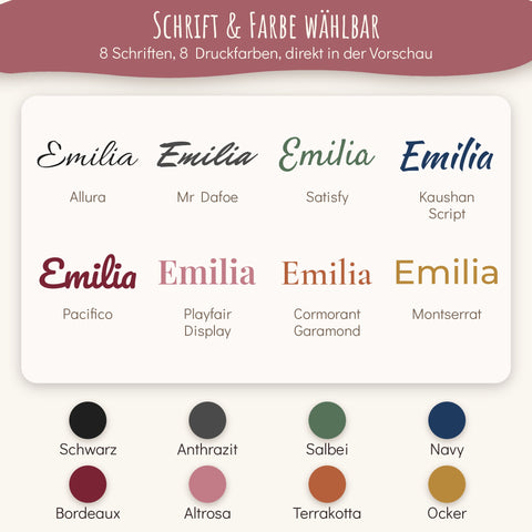 8 Schriftarten und 8 Druckfarben für den Namen