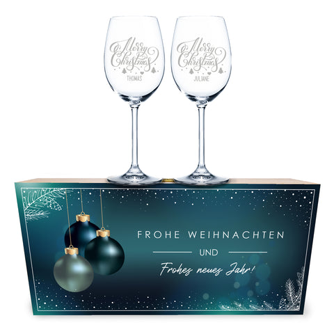 Leonardo Weingläser mit Gravur im "Blaue Weihnacht" Design inkl. Holzkiste