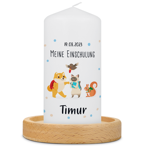 Kleine Kerze "Tiergruppe" mit Namen & Datum zur Einschulung