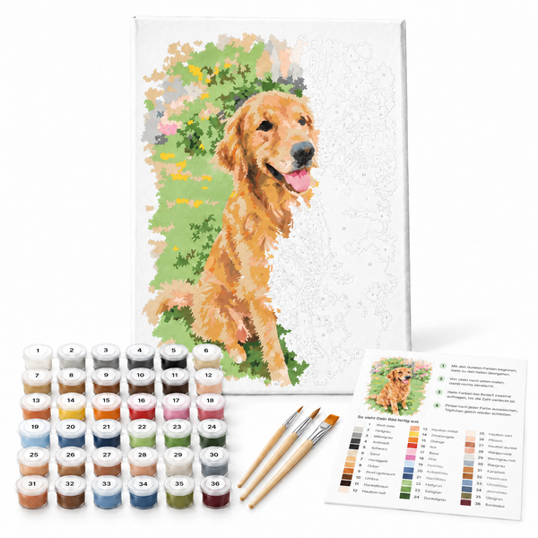Malen nach Zahlen mit eigenem Foto: bespannte Leinwand 30 × 40 cm mit halb ausgemaltem Hundemotiv, 36 nummerierte Farben, 3 Pinsel und Farbanleitung