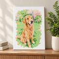 Fertig ausgemalte Leinwand im Aquarell-Stil mit Golden Retriever auf einem Sideboard