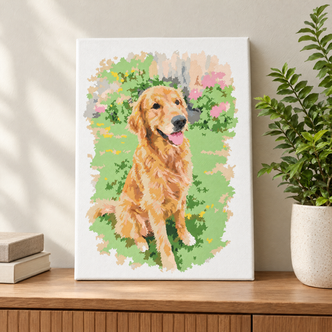 Fertig ausgemalte Leinwand im Aquarell-Stil mit Golden Retriever auf einem Sideboard