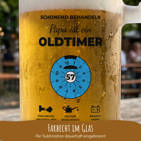 Nahaufnahme des Drucks Bierkrug Oldtimer