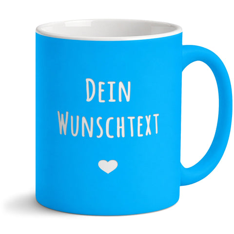 Personalisierte blaue Tasse mit weißer Lasergravur und Wunschtext