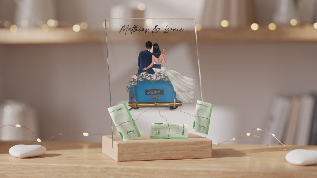 Personalisiertes Geldgeschenk auf Acrylglas mit Brautpaar und Namen