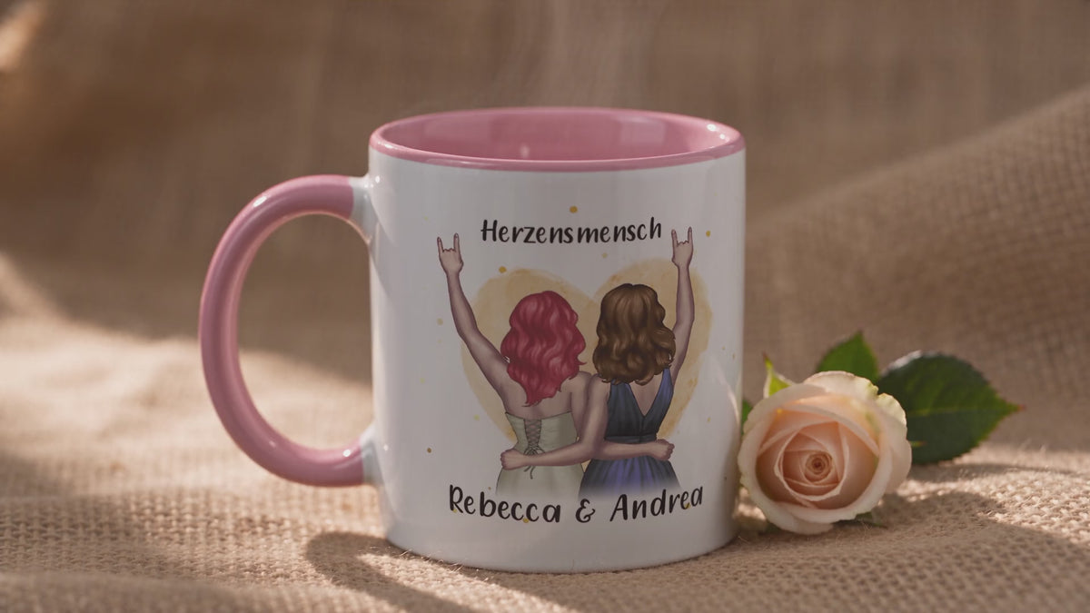 Bedruckte Tasse mit zwei Freundinnen und Namen auf Jute mit Rose