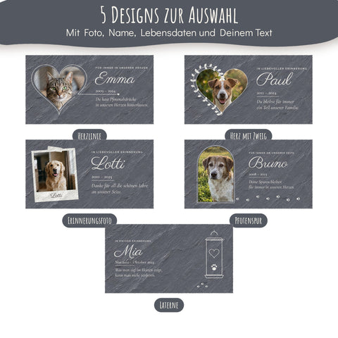 5 Designs: Herzlinie, Herz mit Zweig, Erinnerungsfoto, Pfotenspur, Laterne