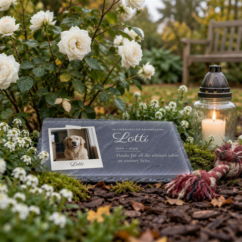 Gedenkplatz für den Hund am Rosenbusch mit Schieferplatte und Erinnerungsfoto