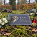 Schiefer Gedenktafel mit Katzenfoto auf dem Tierfriedhof mit Rosen und Grablicht