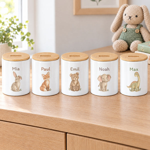 Spardose mit Namen: Personalisierte Spardosen mit Namen und Tiermotiv im Kinderzimmer