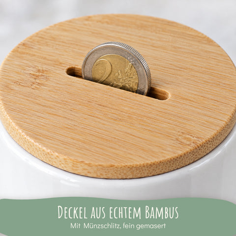 Spardose mit Namen: Bambusdeckel mit Münzschlitz