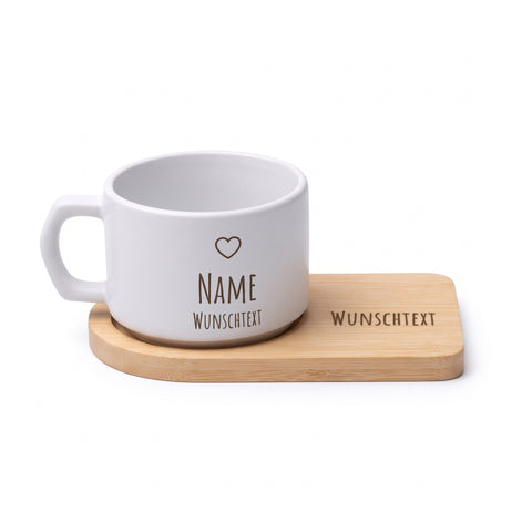 Personalisierte Tasse mit Untersetzer weißer Hintergrund