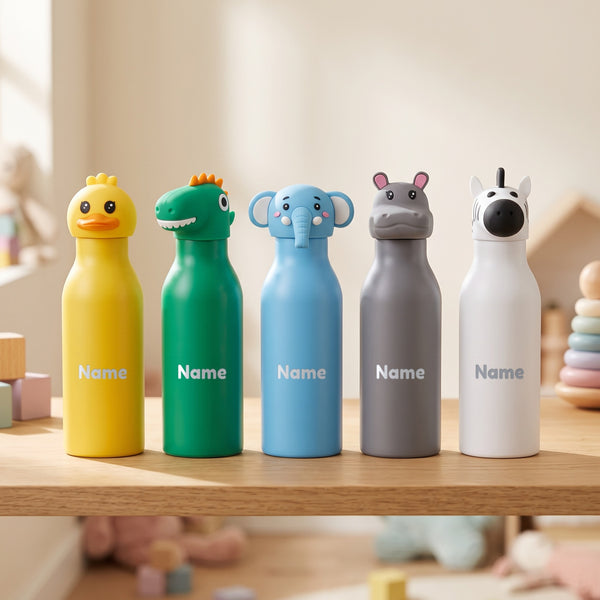 Personalisierte Trinkflaschen für Kinder mit Namen: Ente, Dino, Elefant, Nilpferd und Zebra