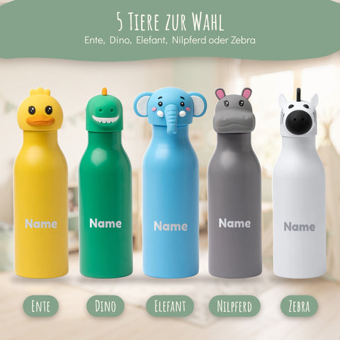 Fünf Trinkflaschen im Tierdesign zur Auswahl