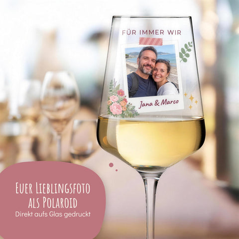 Weinglas mit Paarfoto als Polaroid direkt aufs Glas gedruckt