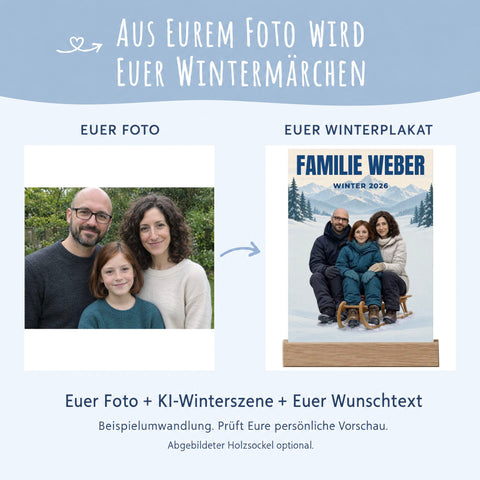 Winteredition: Familienfoto im Garten und tatsächliches KI-Winterplakat mit Schlitten