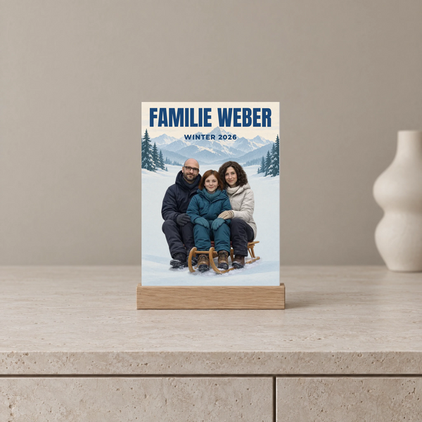 Personalisiertes KI-Winterplakat mit Familie auf einem Schlitten im ruhigen modernen Wohnraum, Holzsockel optional